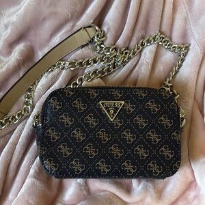 GUESS Brown Monogram Crossbody with Silver Chain Strap
